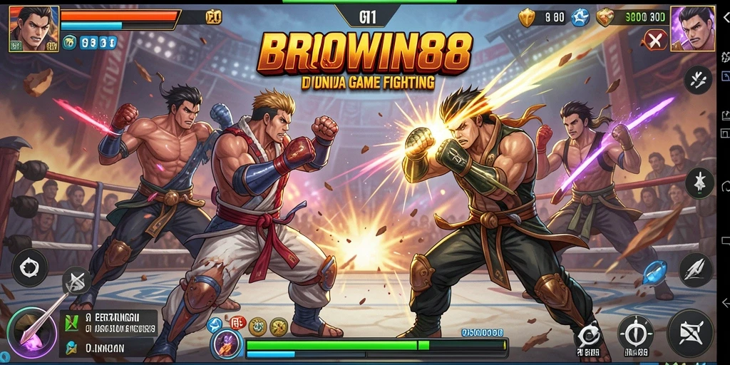 Screenshot gameplay BROWIN88 menampilkan pertarungan intens antar karakter.
