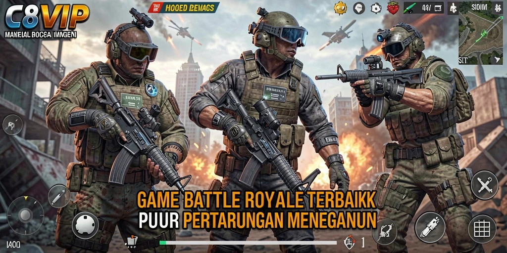 Tangkapan layar utama C8VIP menampilkan aksi Battle Royale yang mendebarkan.