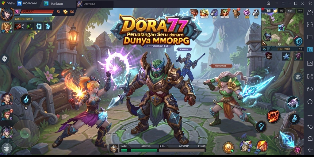 Screenshot gameplay DORA77 menunjukkan pertempuran seru dengan karakter yang beranimasi.