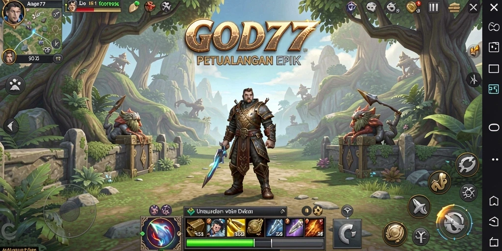 Screenshot menampilkan pertempuran epic dalam game RPG GOD77.