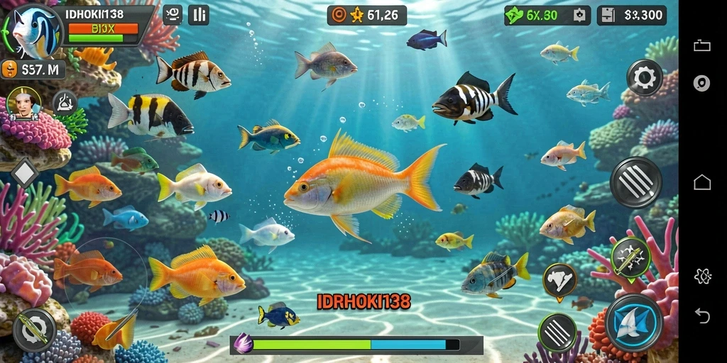 Screenshot menampilkan aksi seru gameplay Tembak Ikan di bawah laut.