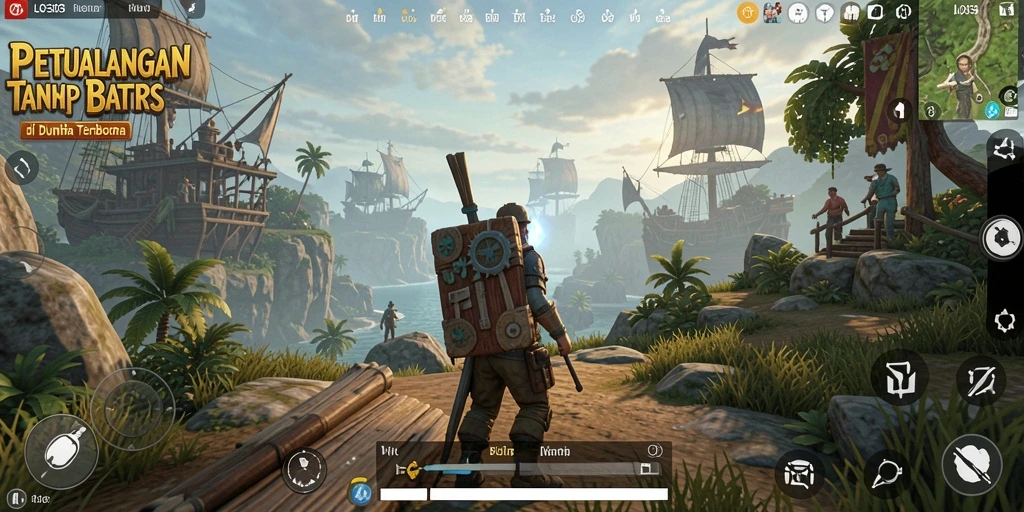 Screenshot menunjukkan pemain menjelajahi pemandangan indah dunia terbuka.