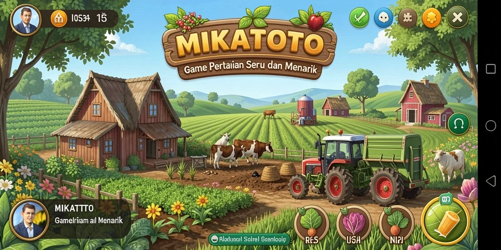 Tangkapan layar utama MIKATOTO menunjukkan gameplay seru bertani.
