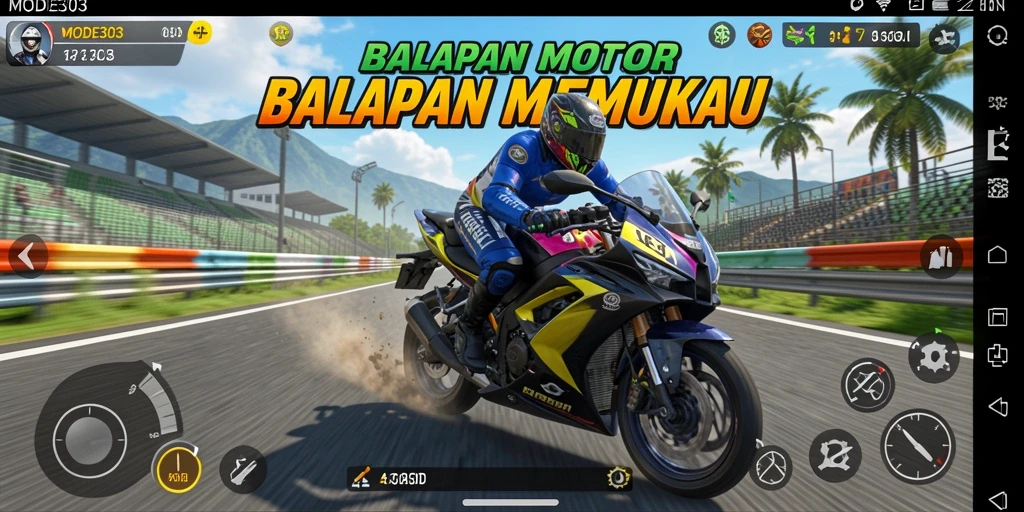 Gameplay seru MODE303 dengan balapan motor yang mendebarkan.