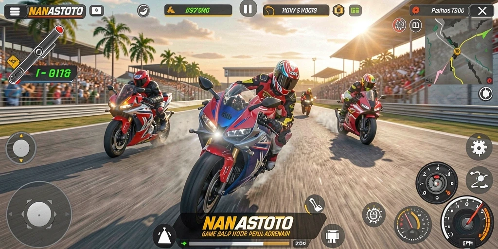 Screenshot gameplay NANASTOTO menampilkan balapan motor yang intens.