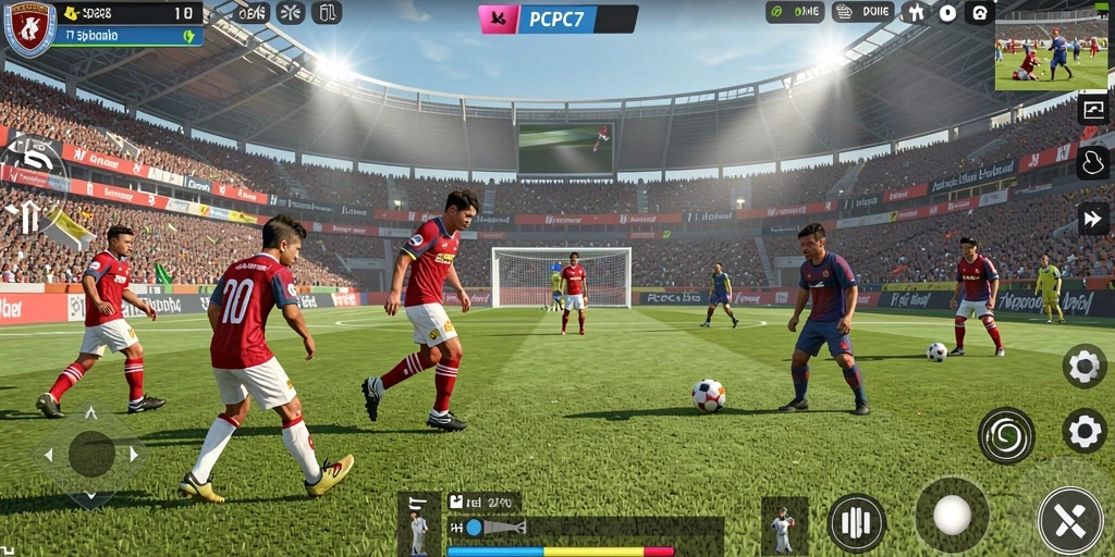 Tampilan gameplay PCPC7 yang seru dan realistis dalam pertandingan sepak bola.