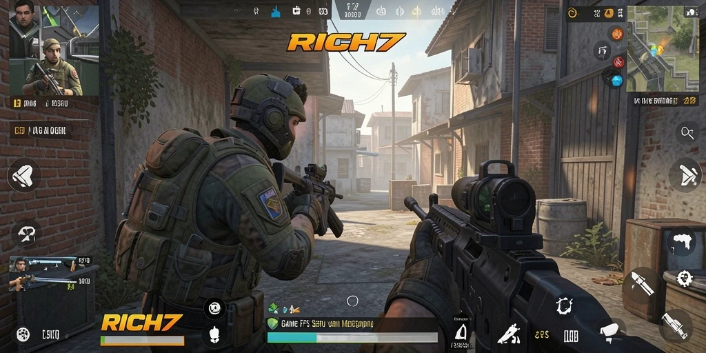 Tangkapan layar utama RICH7 menunjukkan momen aksi menegangkan dalam gameplay FPS.