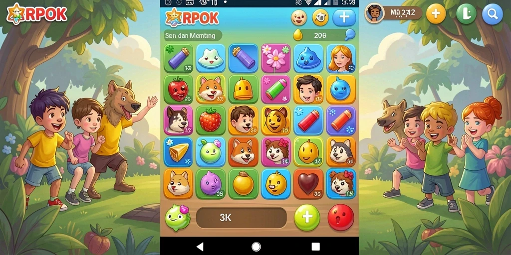 Tampilan gameplay RPOK dengan elemen match-3 yang berwarna-warni.