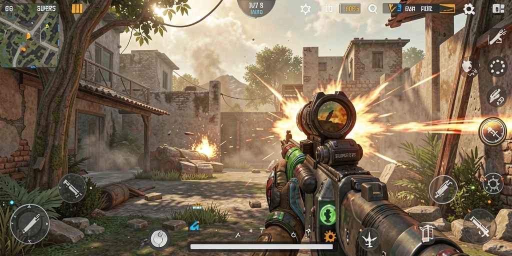 Gameplay seru dan mendebarkan dari SUPER5 yang menunjukkan aksi FPS.